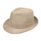 Beige woven sun visor hat with short brim and stitched band, side view.