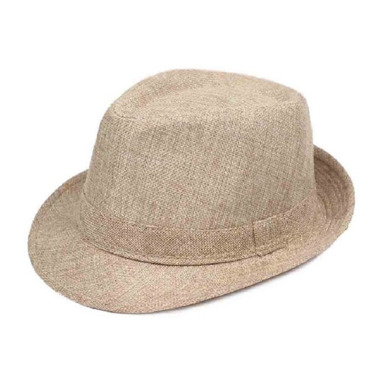 Beige woven sun visor hat with short brim and stitched band, side view.