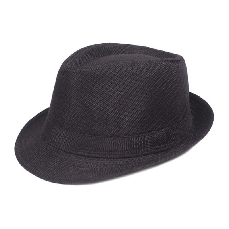 Black woven sun visor hat with short brim and stitched band detail.