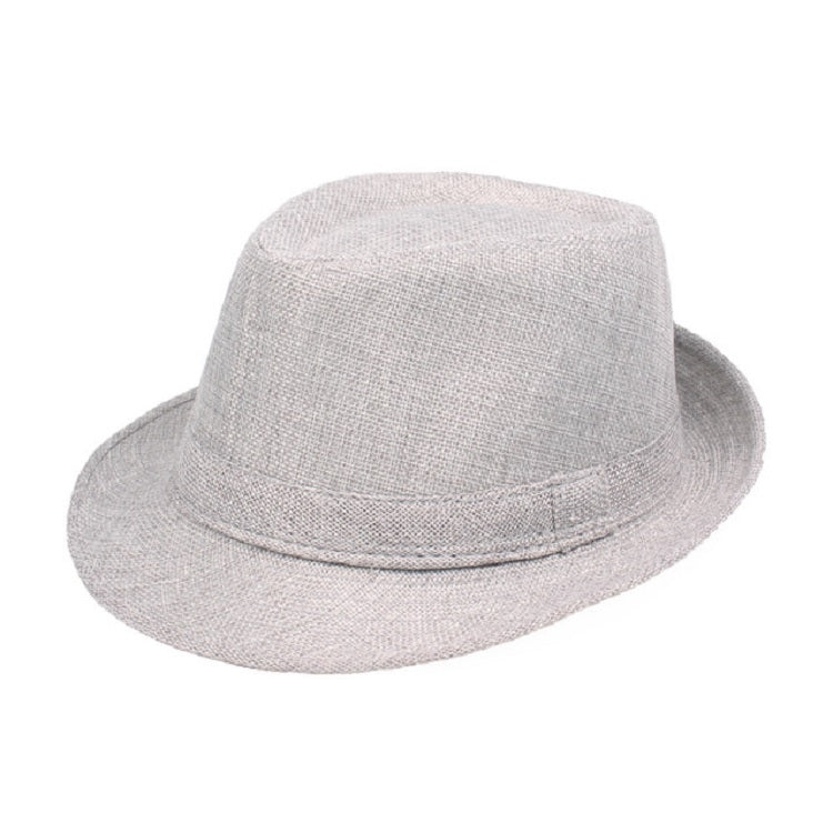 Light gray woven sun visor hat with short brim and stitched band, front view.
