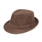 Medium brown woven sun visor hat with short brim and stitched band, angled view.