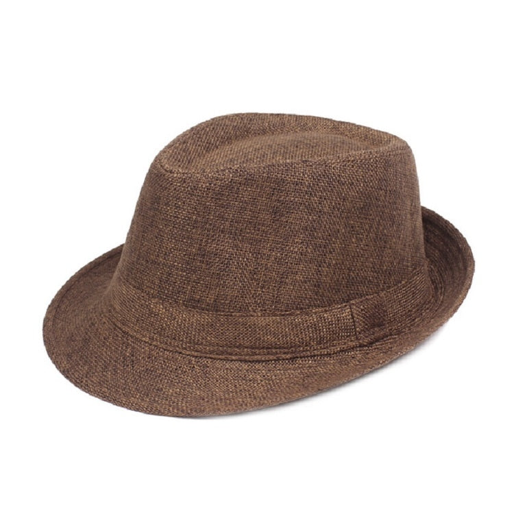 Medium brown woven sun visor hat with short brim and stitched band, angled view.