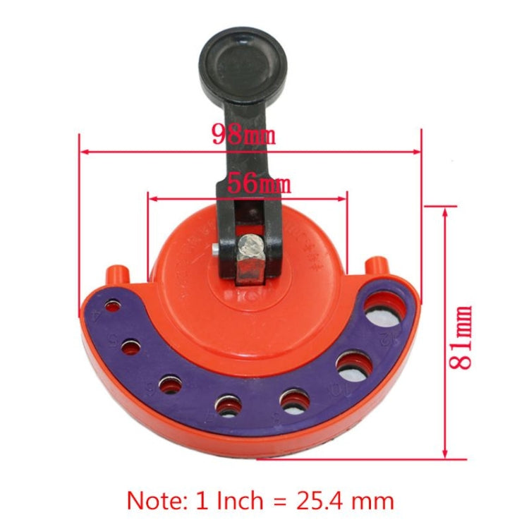 Red and blue glass hole cutter tool with suction cup and drill bit holder