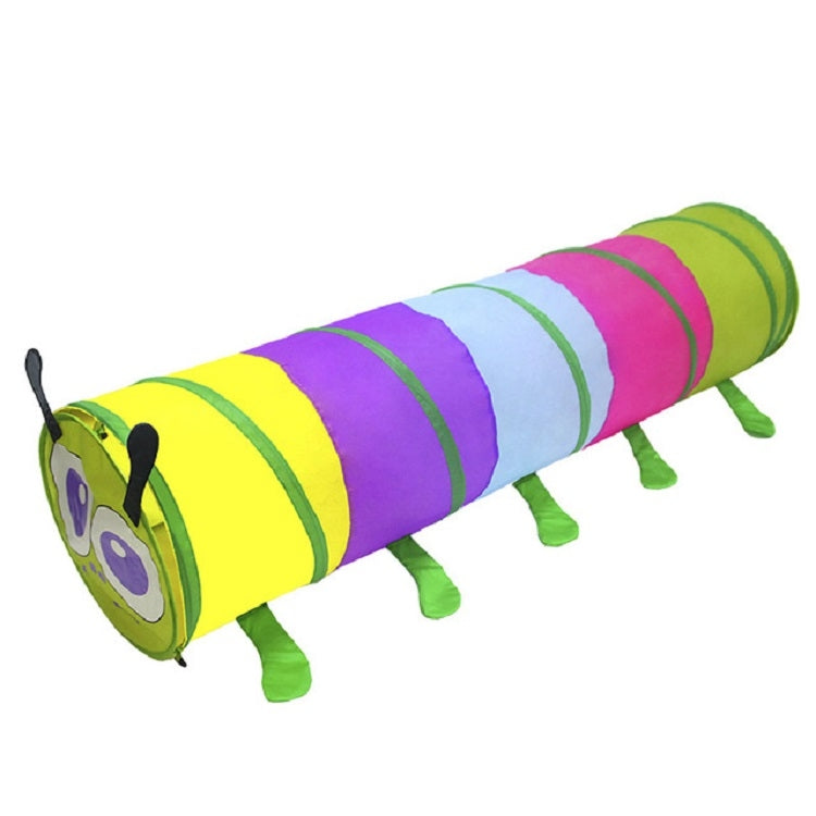 Colorful striped crawling tunnel with green fabric legs and rolled tunnel opening