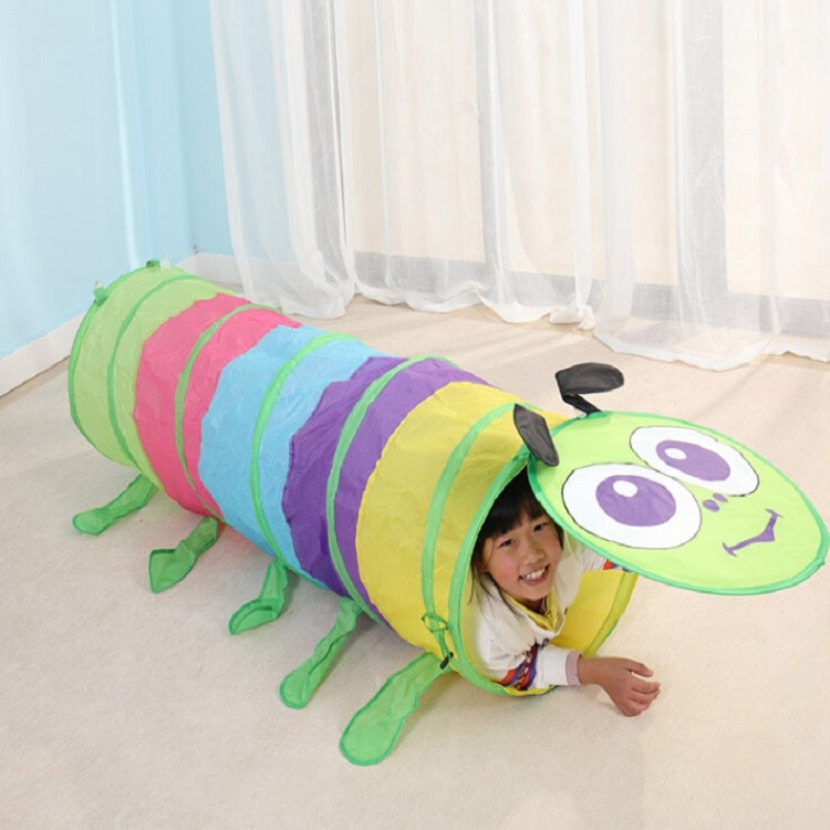 Kids crawling tunnel toy with striped tunnel and a child playing inside under curtains