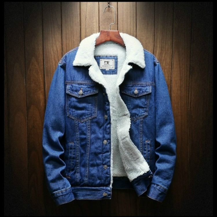 Blue denim jacket with plush white sherpa collar and lining, button front, flap pockets