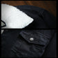 Close-up of black denim shoulder and white sherpa trim, with metal button details