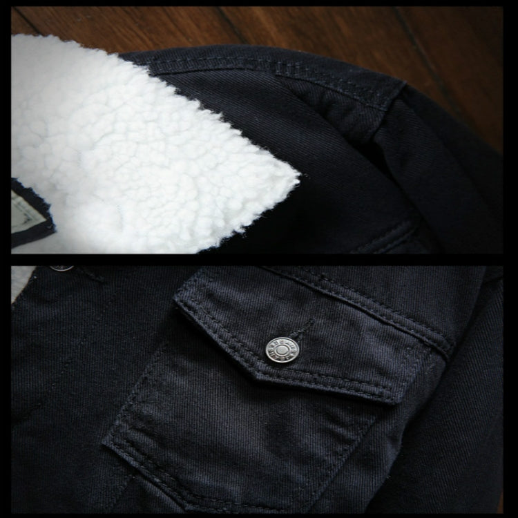 Close-up of black denim shoulder and white sherpa trim, with metal button details