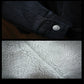Black denim cuff with metal snap button and close-up of white sherpa texture
