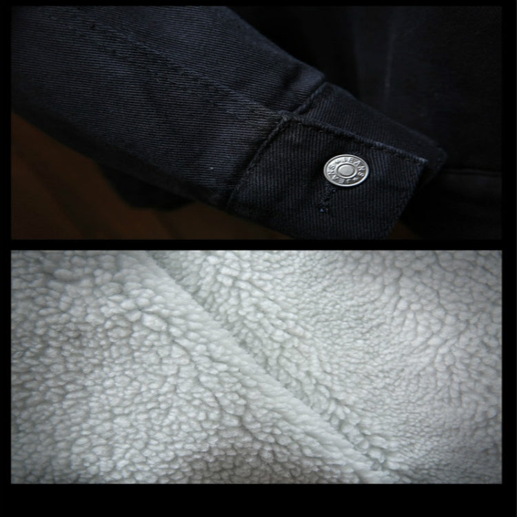 Black denim cuff with metal snap button and close-up of white sherpa texture