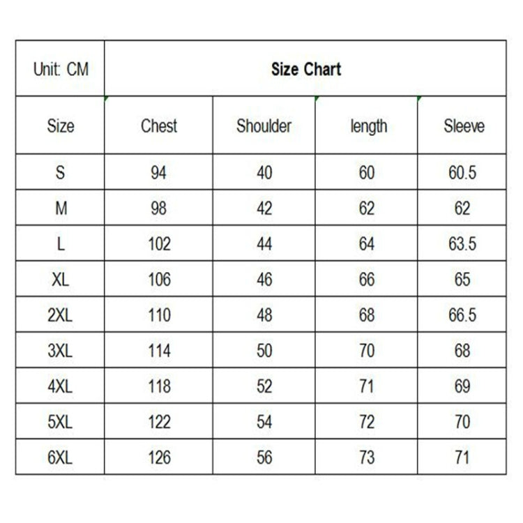Size chart table: chest, shoulder, length, and sleeve measurements in CM