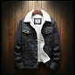 Men's black denim jacket with white shearling-lined collar and front placket