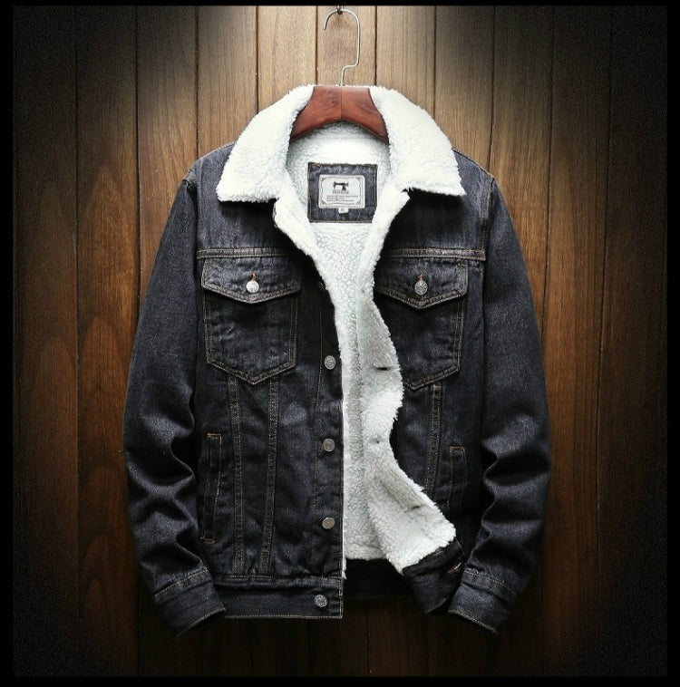 Men's black denim jacket with white shearling trim on collar and front panel