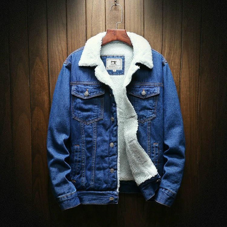 Men's blue denim jacket with white shearling-lined collar and button front