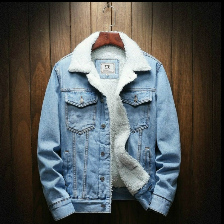 Men's light blue denim jacket with sherpa wool lining and dual chest pockets