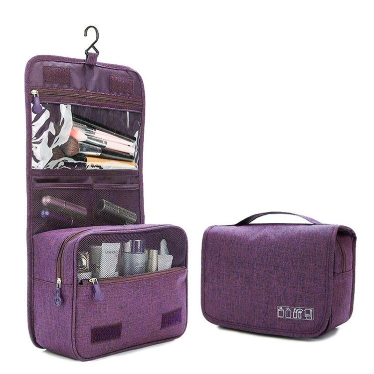 Purple hanging travel organizer bag with zip compartments and side mesh pouches