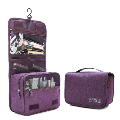 Purple hanging travel organizer bag with zip compartments and side mesh pouches