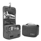 Black travel storage organizer set: hanging panel and matching zip fold-out pouch