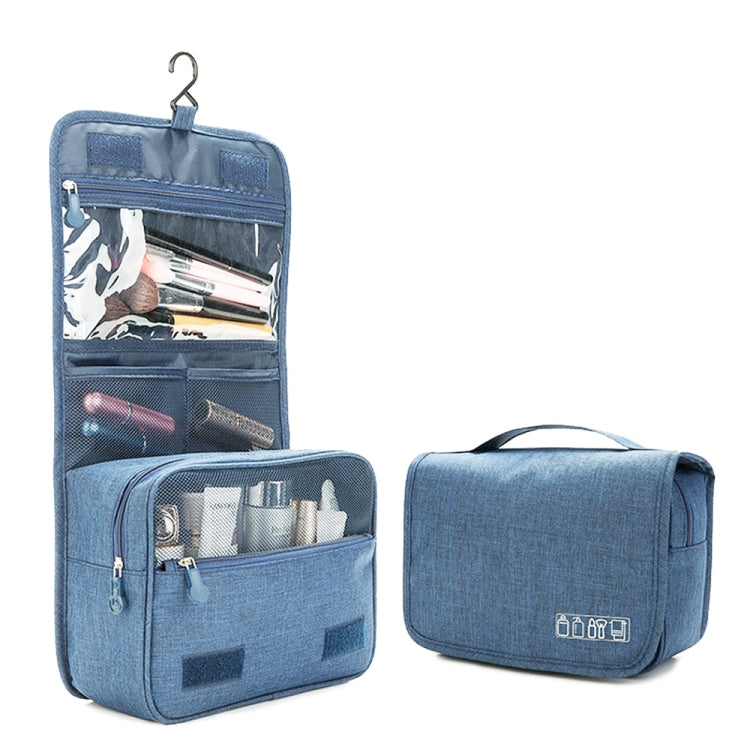 Sky blue hanging travel organizer bag with zip pockets and fold-out toiletry pouch