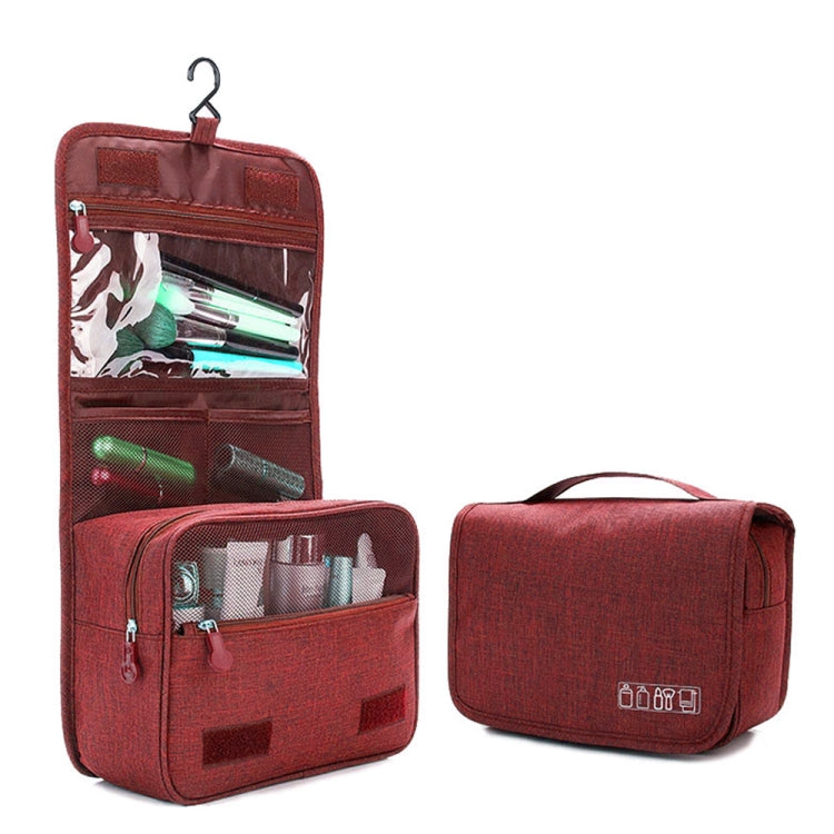 Wine red travel organizer bag with hanging loop and multiple zippered compartments