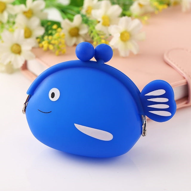 Blue fish-shaped silicone coin purse with cartoon face and snap clasp