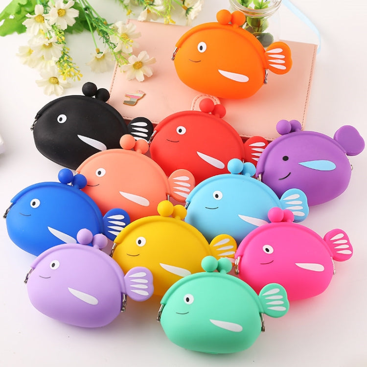 Assorted mini fish silicone coin purses in orange, black, red, purple, and blue