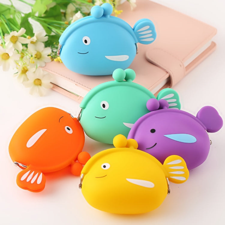 Set of silicone fish coin purses in blue, green, orange, purple, and yellow