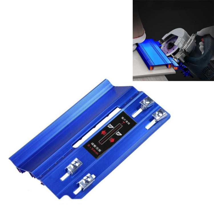 45-degree tile bevel cutter guide in blue aluminum with metal clamps and window slot
