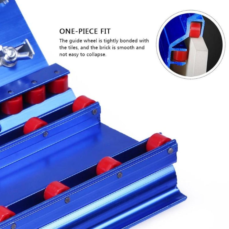 Blue 45-degree tile bevel cutter with red roller guides and adjustable clamping rail