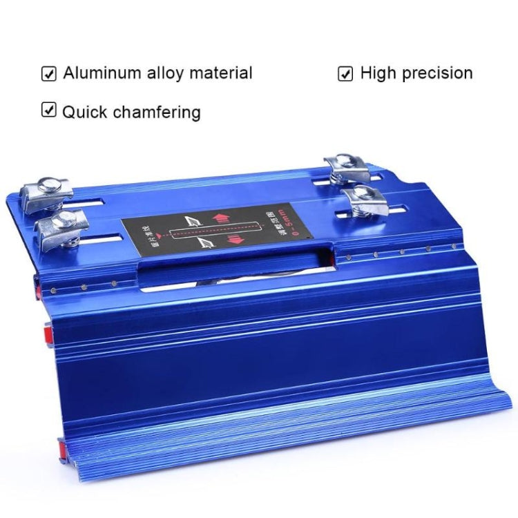Blue 45-degree tile bevel cutter guide with metal mounting clips and chamfer markings