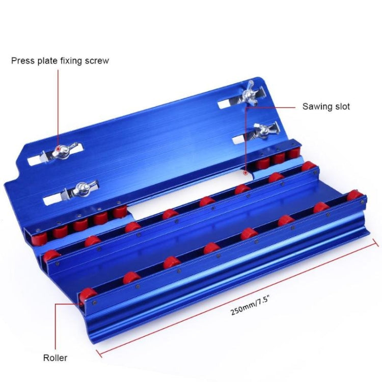 Blue 45-degree tile bevel cutter with saw slot, rollers, and press plate fixing screw
