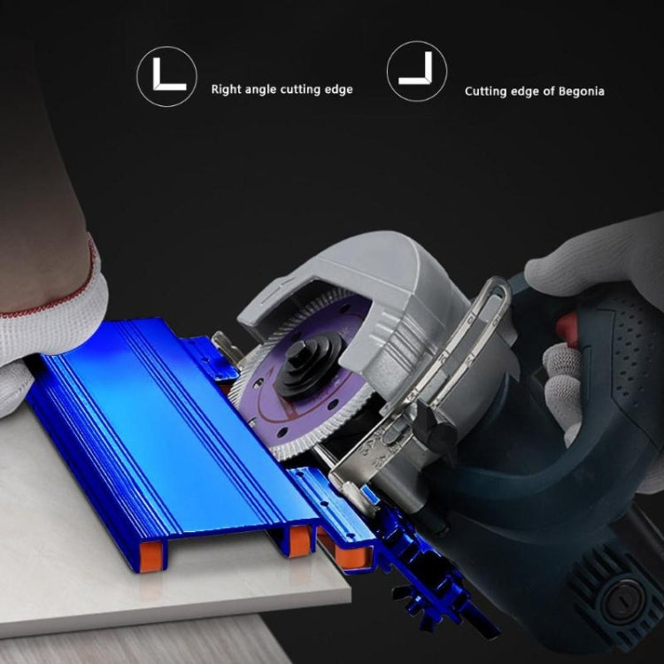 Blue 45-degree tile bevel cutter base with mounted cutting tool and side fence