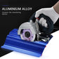 Blue 45-degree tile bevel cutter with circular blade and handheld tool on guide base