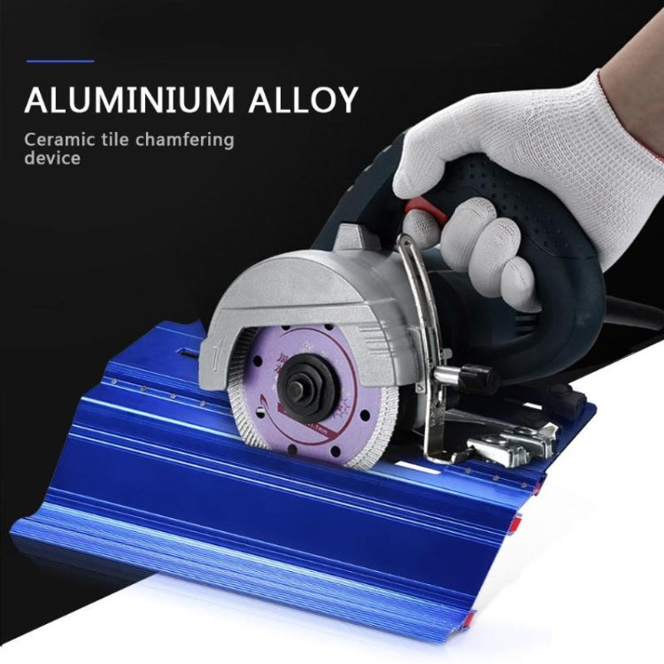 Blue 45-degree tile bevel cutter with circular blade and handheld tool on guide base