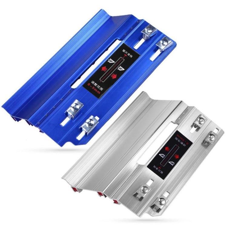 45-degree tile bevel cutter guides in blue and silver aluminum with metal clamps