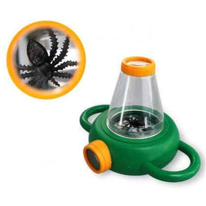 Handheld insect magnifier toy with green base and clear cone, orange rim