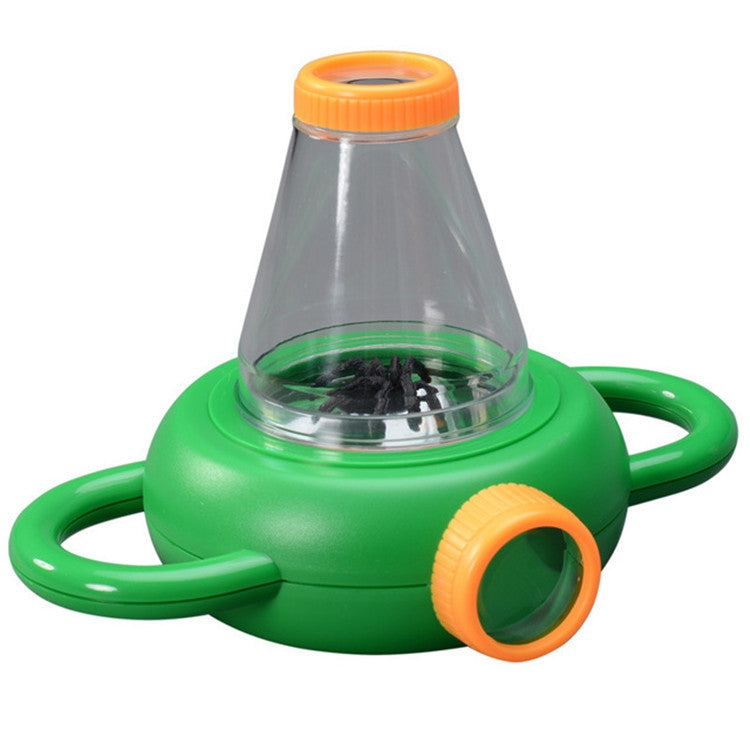 Handheld magnifier with green handles, clear lens cone, orange focus ring