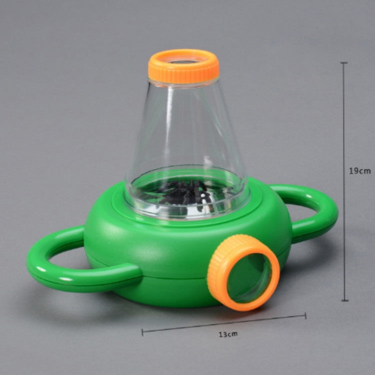 Green handheld insect magnifier with clear cone lens, orange focus ring