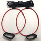 Red latex stretch loop with black ankle straps and adjustable belt