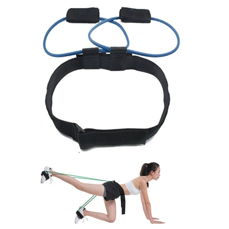 Blue leg training elastic band with black ankle straps and adjustable belt