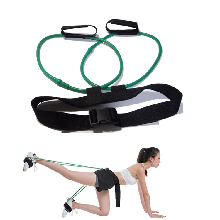 Green leg stretch elastic band set with black ankle straps and buckle
