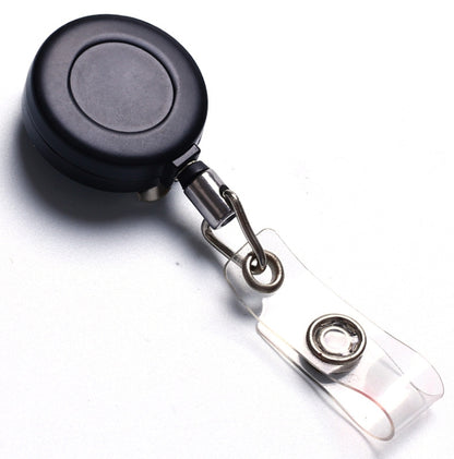 Retractable key chain clip with black round reel and clear badge holder, metal hook loop