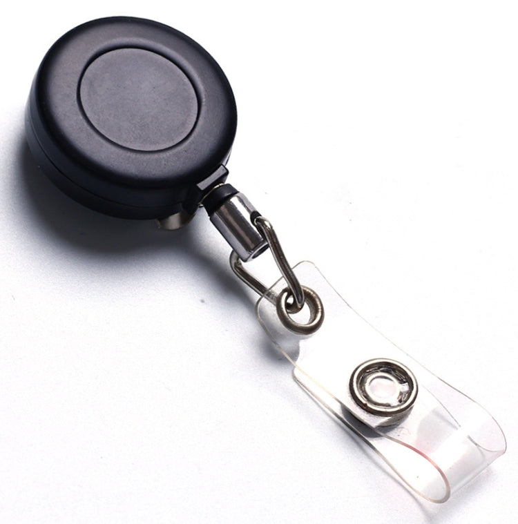 Retractable key chain clip with black round reel and clear badge holder, silver metal clasp