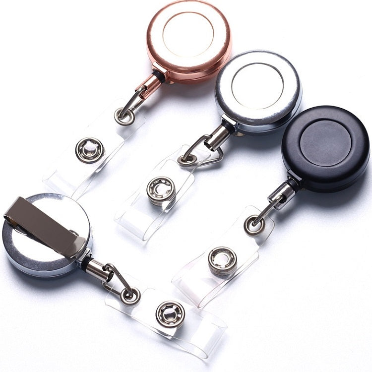 Set of retractable key chain clips in black and rose gold with clear badge holders