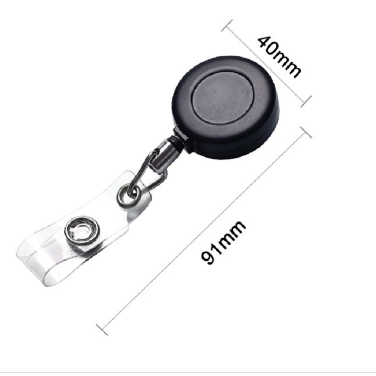 Black retractable key chain clip with clear badge holder, shown with 40mm and 9mm sizing