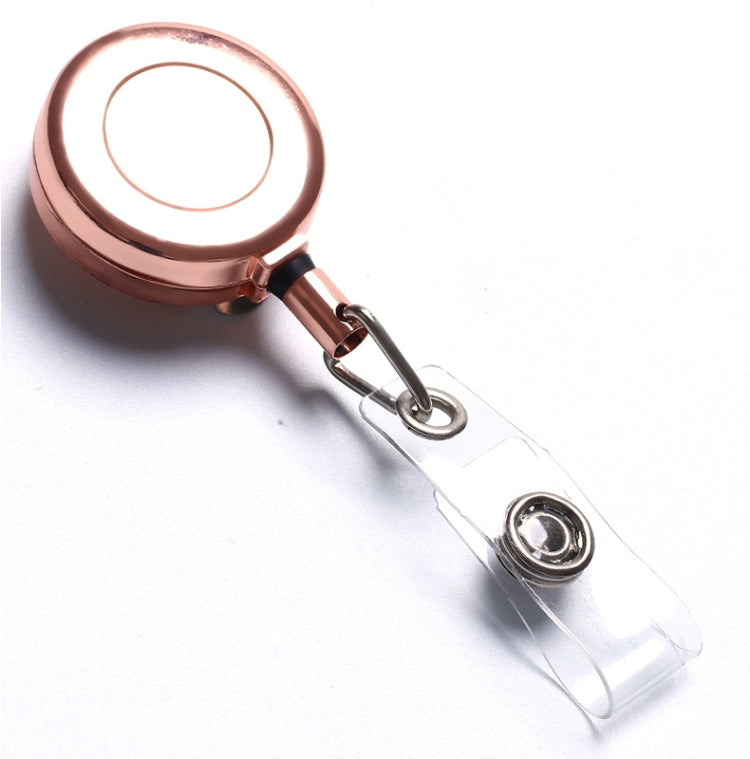 Retractable key chain clip in rose gold with clear badge holder and metal hook loop