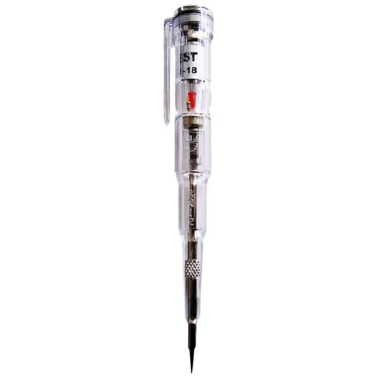 Transparent voltage tester pen with pointed probe tip and red indicator light