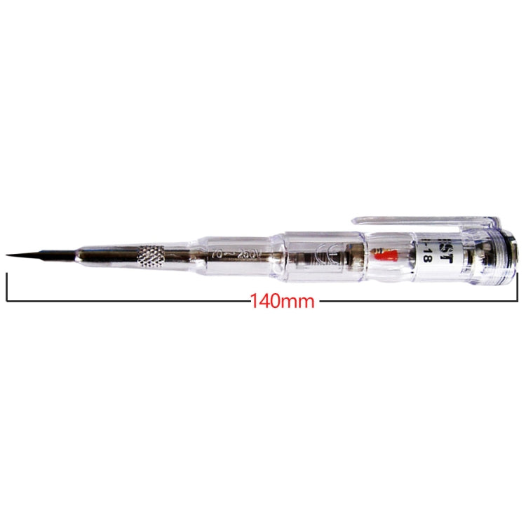 Voltage tester pen with clear body and pointed tip, shown with 140mm length