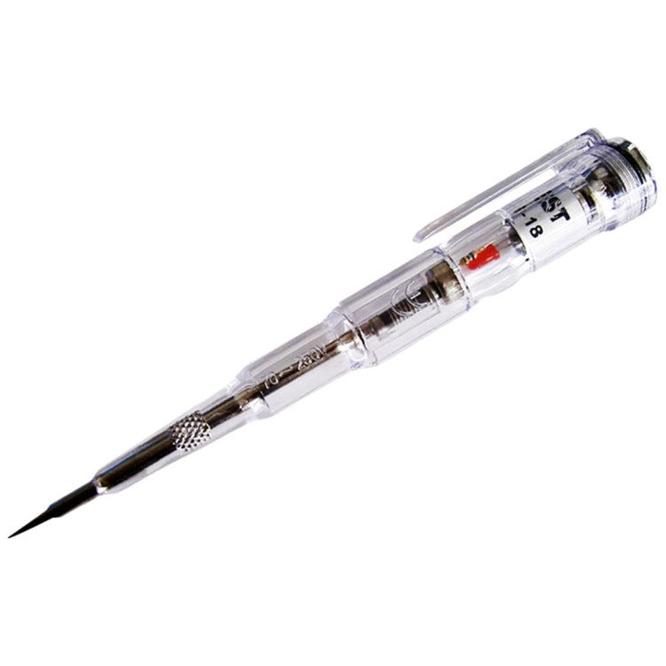 Voltage tester pen with clear casing, red indicator component, and pointed metal probe