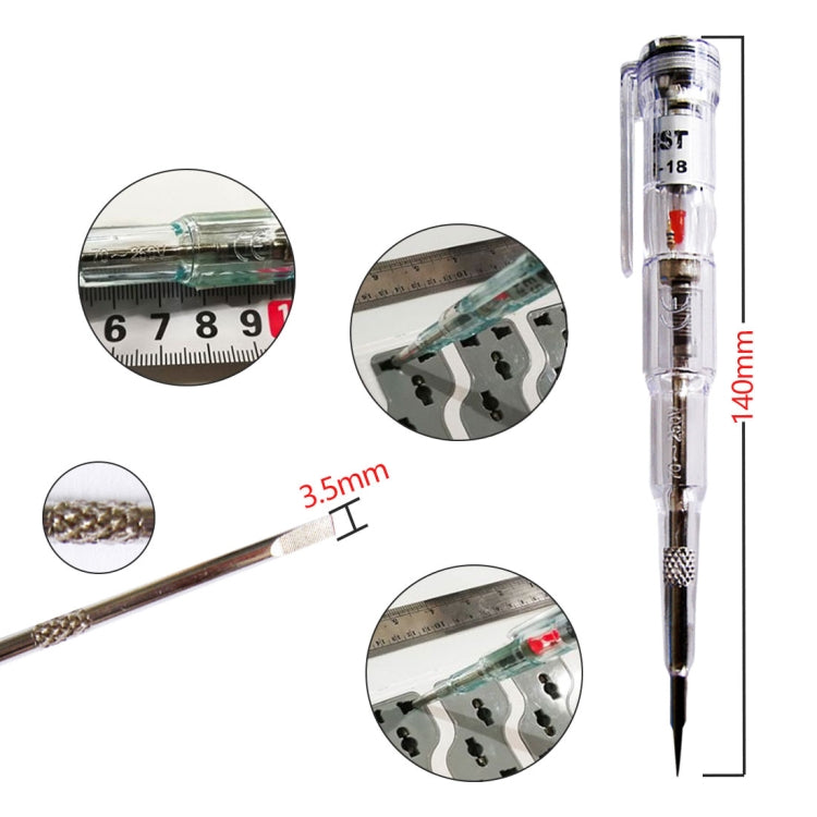Voltage tester pen with clear body and pointed probe, 140mm and 3.5mm measurements